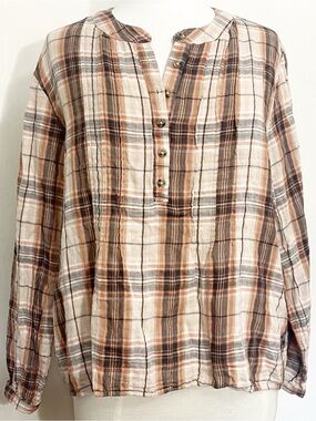 Grace + Karma Plaid Tucked Front Shirt - Brown Orange Plaid XL